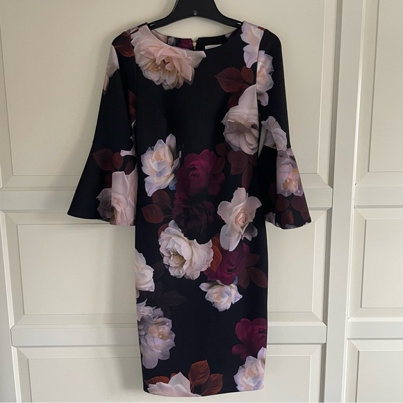 Calvin Klein Black Floral-Print Bell-Sleeve Sheath Dress 20573 - Picture 2 of 7